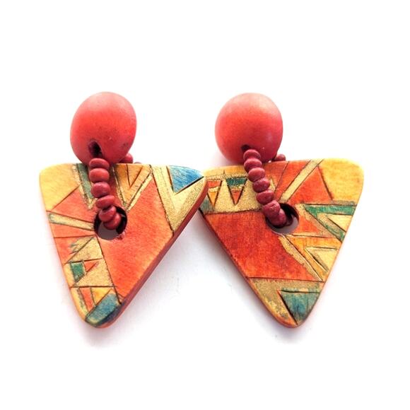 Vintage Estate Modernist Geometric Wooden Beaded Dangle Drop Post Stud Earrings - Picture 2 of 4